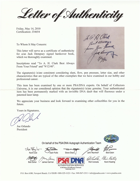 Jack Dempsey Signed Round By Round Book (PSA/DNA)