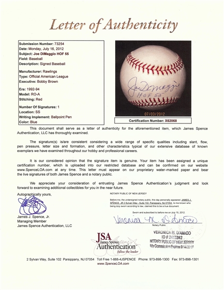 Joe DiMaggio Single-Signed OAL Baseball Inscribed HOF 55 (JSA)