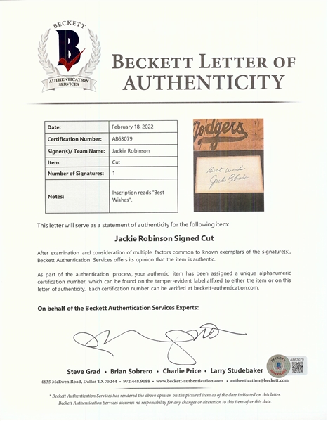 Jackie Robinson Cut Signature Display (BAS)