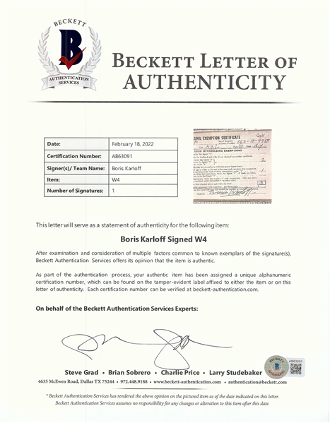 Boris Karloff Signed Document Display (1965) (BAS)