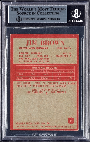 Jim Brown Signed 1965 Philadelphia No. 31 (BAS)