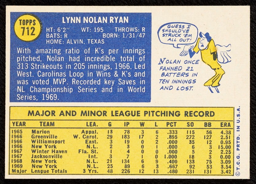 1970 Topps Nolan Ryan No. 712 EX-MT+