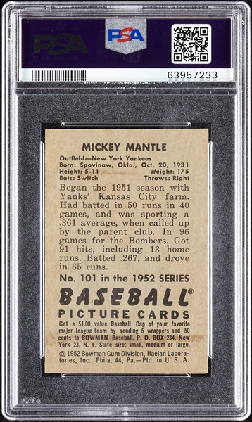 1952 Bowman Mickey Mantle No. 101 PSA 3.5