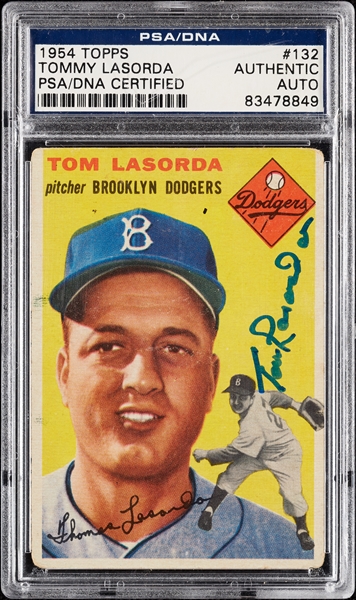 Tom Lasorda Signed 1954 Topps RC No. 132 (PSA/DNA)