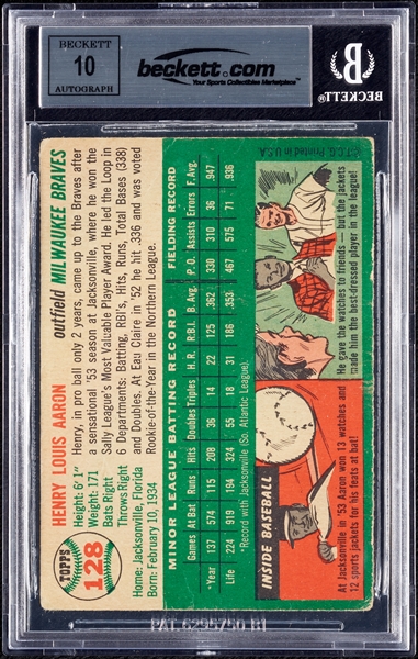 Hank Aaron Signed 1954 Topps RC No. 128 (Graded BAS 10)