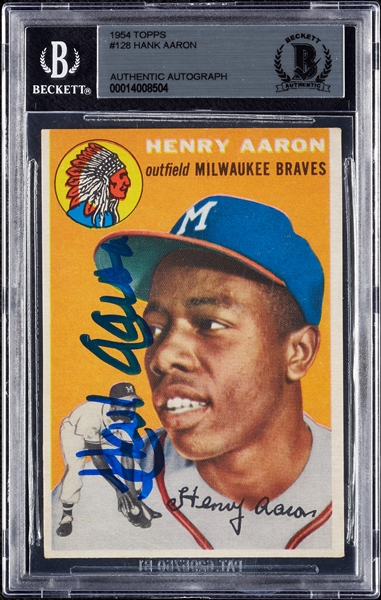Hank Aaron Signed 1954 Topps RC No. 128 (BAS)