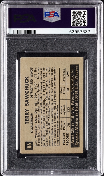 1952 Parkhurst Terry Sawchuk No. 86 PSA 2.5