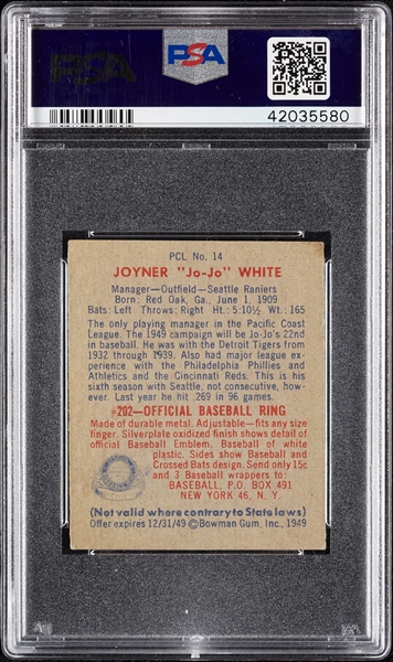 1949 Bowman PCL Joyner White No. 14 PSA 6