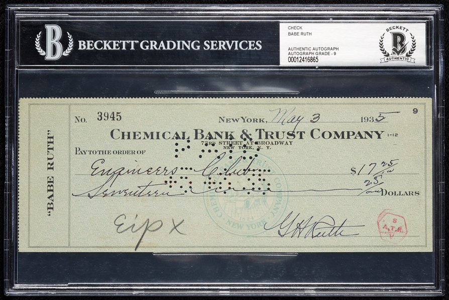 Babe Ruth Signed Personal Check (1935) (Graded BAS 9)