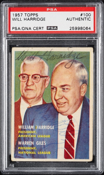 Will Harridge & Warren Giles Signed 1957 Topps No. 100 (PSA/DNA)