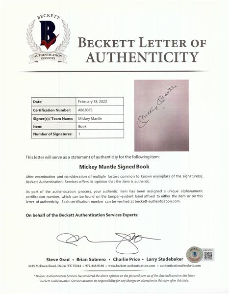 Mickey Mantle Signed The Quality of Courage Book (BAS)