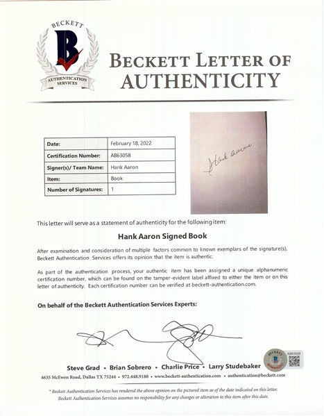 Hank Aaron Signed Bad Henry Book (BAS)