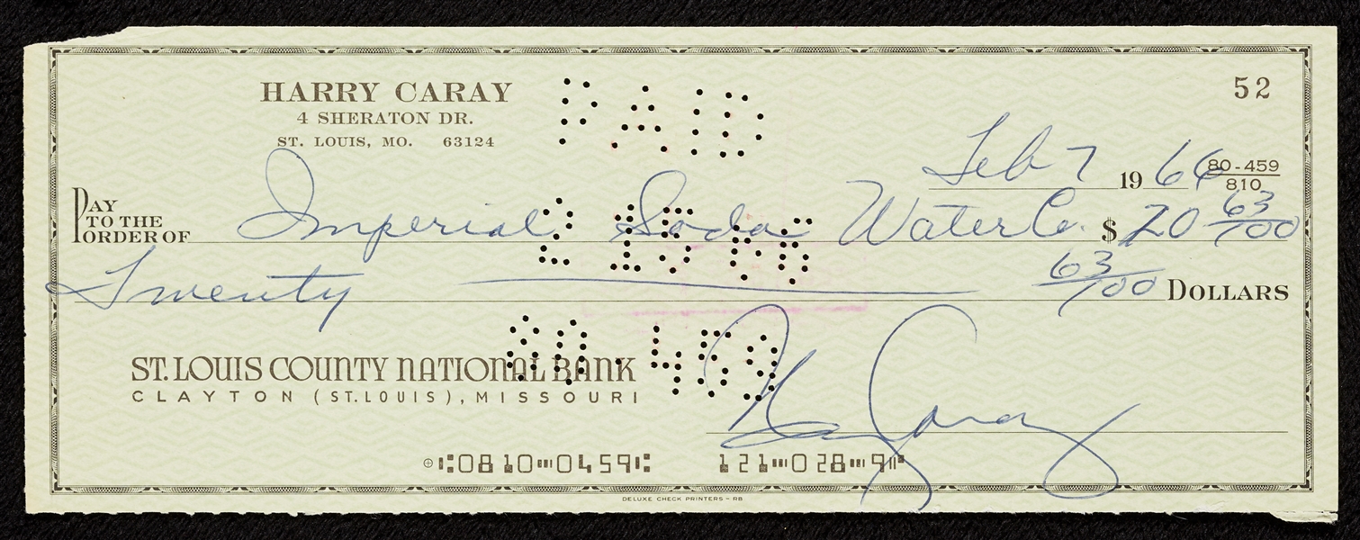 Harry Caray Signed Check & Ephemera (5)