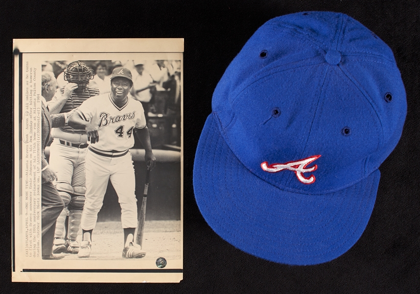 1984 Henry Aaron Game-Worn Old-Timer’s Braves Cap, Original Wirephoto (2)