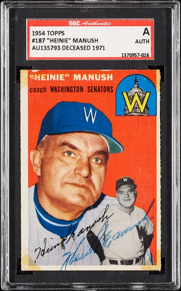 Heinie Manush Signed 1954 Topps No. 187 (SGC)