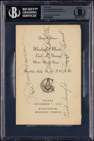 Multi-Signed Masonic Temple Dinner Program with Swift, Trout, Newhouser (BAS)