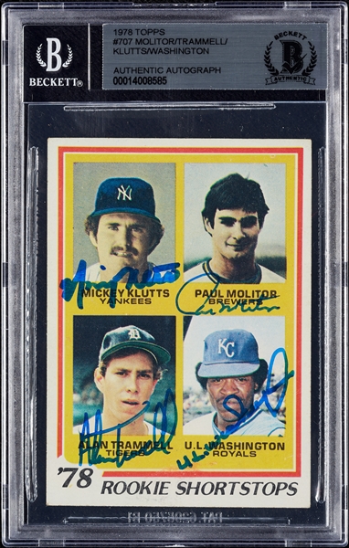 Complete Signed 1978 Topps Rookie Shortstops No. 707 with Molitor, Trammell (BAS)