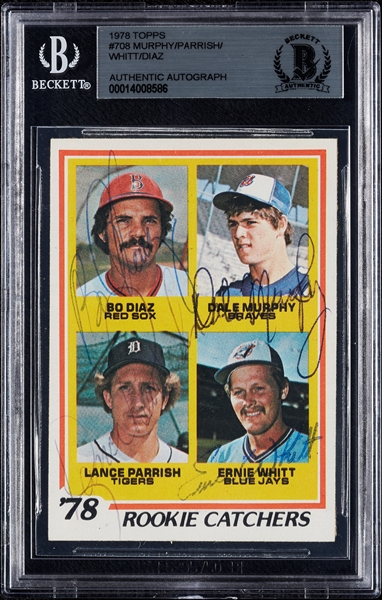 Complete Signed 1978 Topps Rookie Catchers No. 708 with Bo Diaz, Murphy, Parrish, Whitt (BAS)