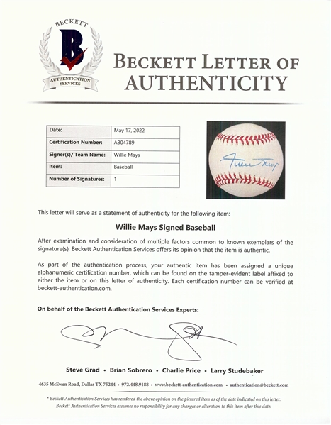 Willie Mays Single-Signed ONL Baseball (BAS)