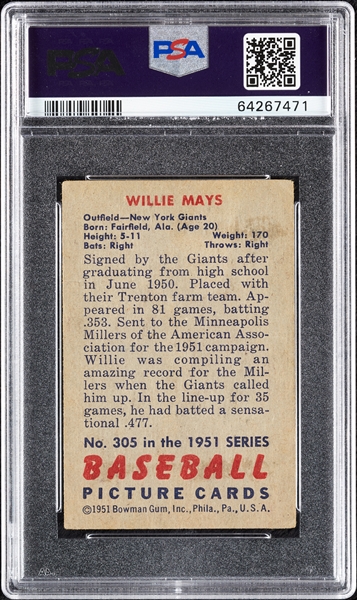 1951 Bowman Willie Mays No. 305 PSA 2