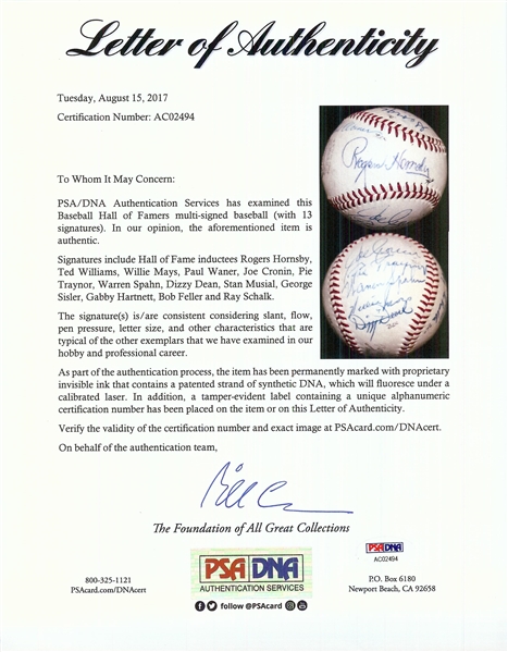 HOFers Multi-Signed ONL Baseball with Hornsby, Dean, Traynor, Hartnett (PSA/DNA)