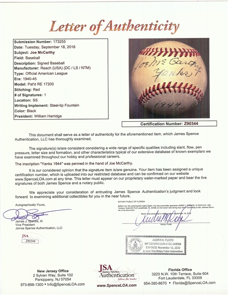 Joe McCarthy Single-Signed OAL Baseball Inscribed Yanks 1944 (JSA)