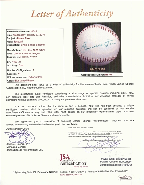 Jimmie Foxx Single-Signed OAL Baseball (JSA)