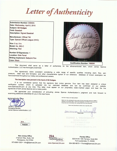 Gil Hodges Single-Signed Official League Baseball (JSA)
