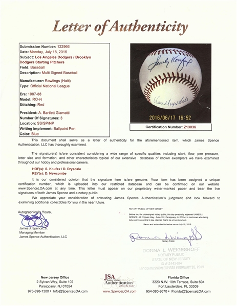 Sandy Koufax, Don Drysdale & Don Newcombe Signed ONL Baseball (JSA)