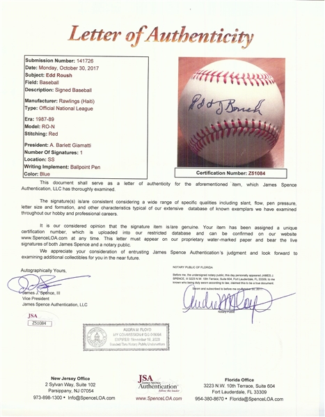 Edd Roush Single-Signed ONL Baseball (JSA)