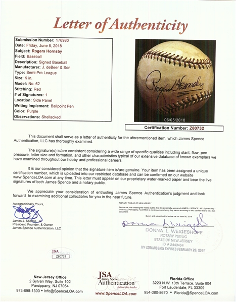 Rogers Hornsby Single-Signed J. deBeer & Son Baseball (JSA)