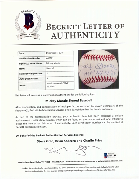 Mickey Mantle Single-Signed ONL Baseball Inscribed MVP '56 '57 '62 (BAS) (PSA/DNA)
