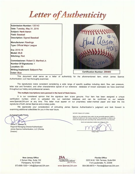 Hank Aaron Single-Signed OML Baseball with Multiple Inscriptions (JSA)
