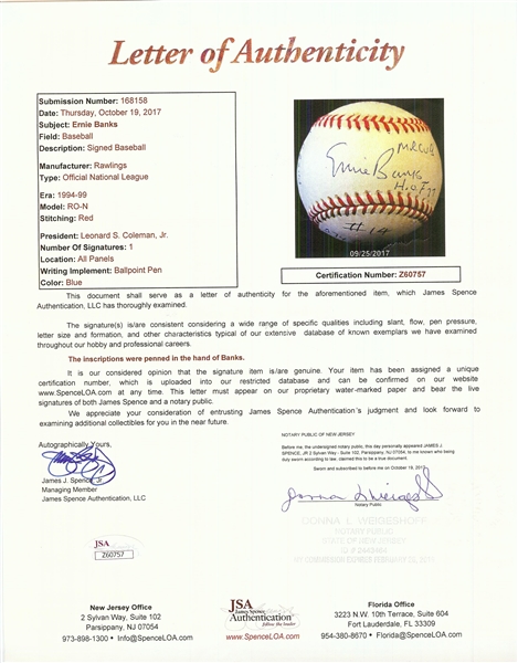Ernie Banks Single-Signed ONL Baseball with Multiple Inscriptions (JSA)