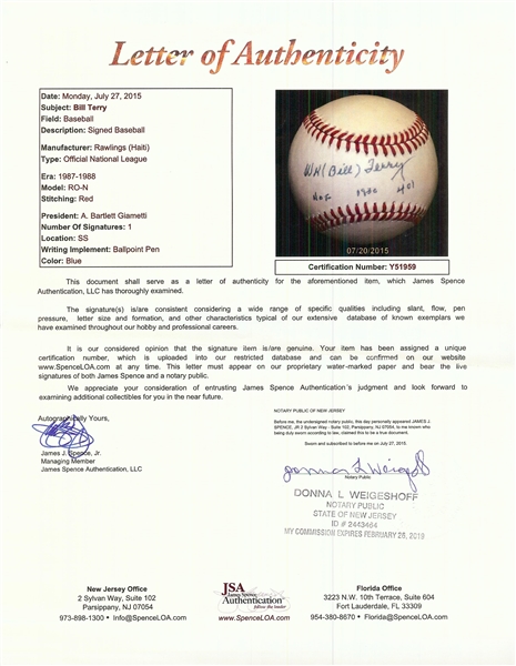 Bill Terry Single-Signed ONL Baseball HOF 1930 401 (JSA)
