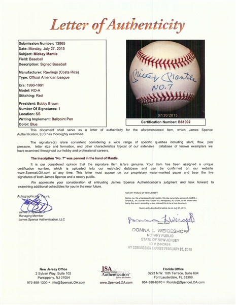 Mickey Mantle Single-Signed OAL Baseball Inscribed No. 7 (JSA)