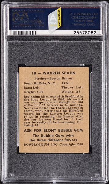 1948 Bowman Warren Spahn RC No. 18 PSA 5