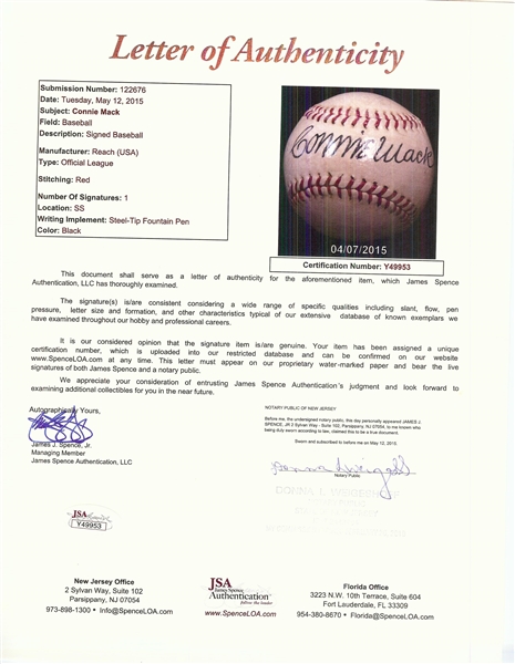 Connie Mack Single-Signed Reach Baseball (BAS) (AUTO 9)