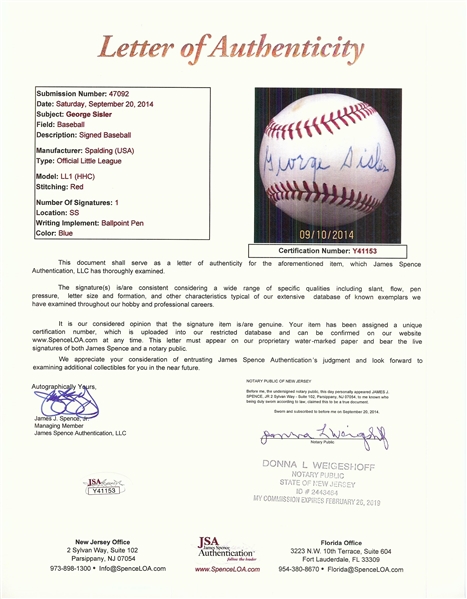 George Sisler Single-Signed Spalding Baseball (JSA) (BAS) (AUTO 8)