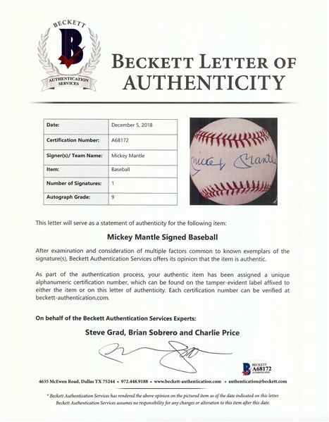 Mickey Mantle Single-Signed OAL Baseball (BAS) (AUTO 9)