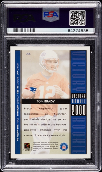2000 UD Victory Tom Brady RC No. 326 PSA 10