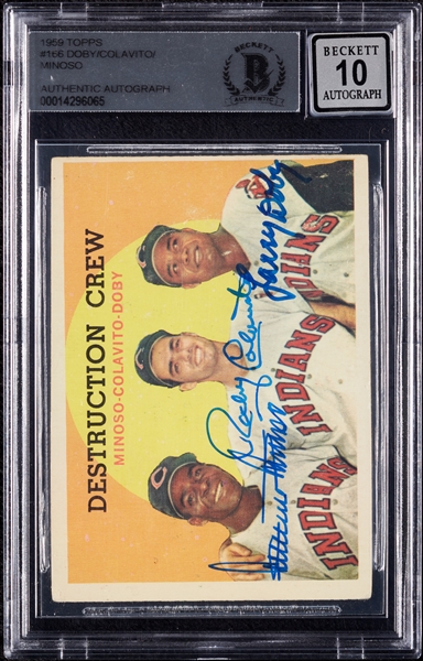 Complete Signed 1959 Topps Destruction Crew No. 166 with Minoso, Colavito & Doby (Graded BAS 10)