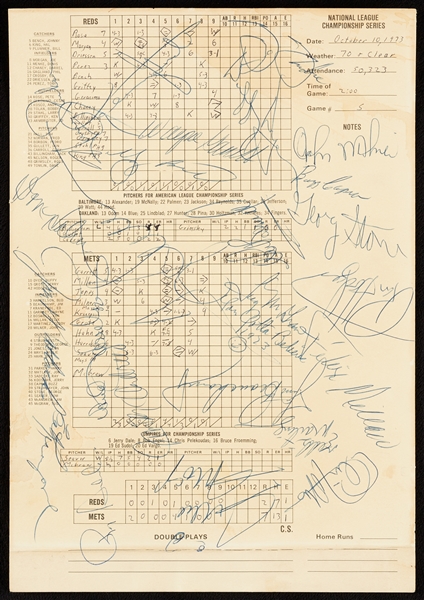 1973 New York Mets Team-Signed NLCS Game 5 Scorecard with Willie Mays, Yogi Berra (BAS)
