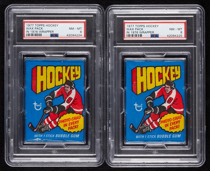 1977 Topps Hockey Wax Pack in 1976 Wrapper Pair (Graded PSA 8) (2)