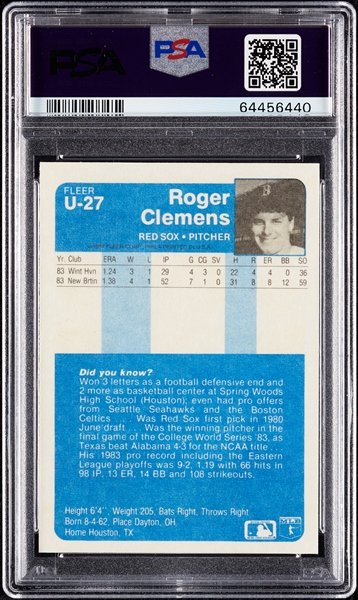 1984 Fleer Update Roger Clemens RC No. U-27 PSA 9