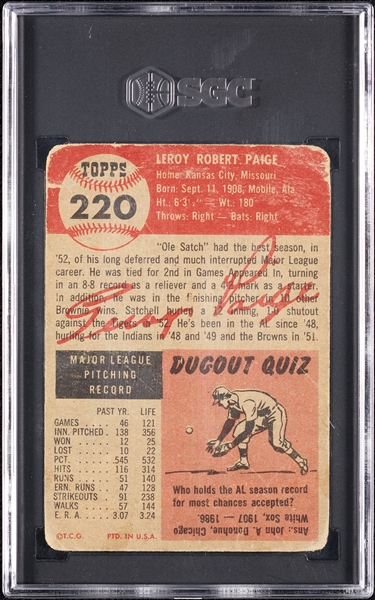 1953 Topps Satchel Paige RC No. 220 SGC 1
