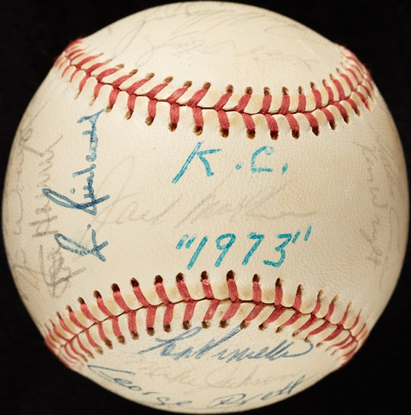 1973 Kansas City Royals Team-Signed OAL Baseball with George Brett (JSA)