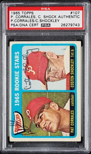 Complete Signed 1965 Topps Rookie Stars No. 107 with Corrales, Shock (PSA/DNA)