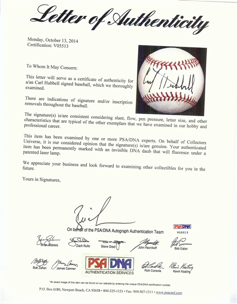 Carl Hubbell Single-Signed Energized Baseball (PSA/DNA)