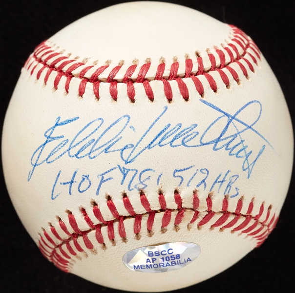 Eddie Mathews Single-Signed ONL Baseball Inscribed HOF 78, 512 HRs (Graded PSA/DNA 8)